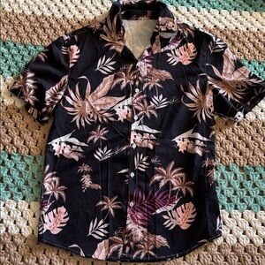 Black Brown Hawaiian Tropical Leaf Button Down Vacation Shirt Men’s sz Medium